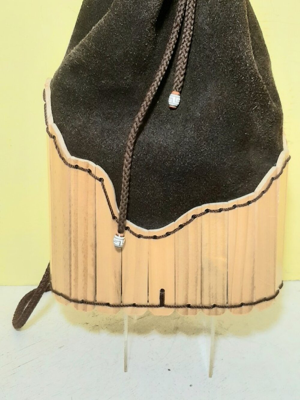 Chocolate Suede and Bamboo Draw string Bucket Bag Knapsack